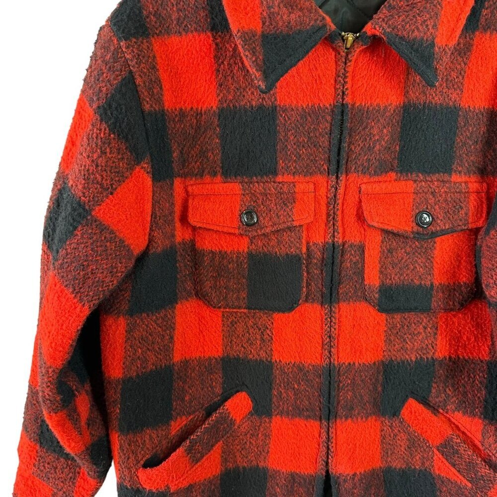 Vintage Melton Buffalo Plaid Wool Jacket Red Black Zip Hunting Coat Men’s L - Picture 4 of 6